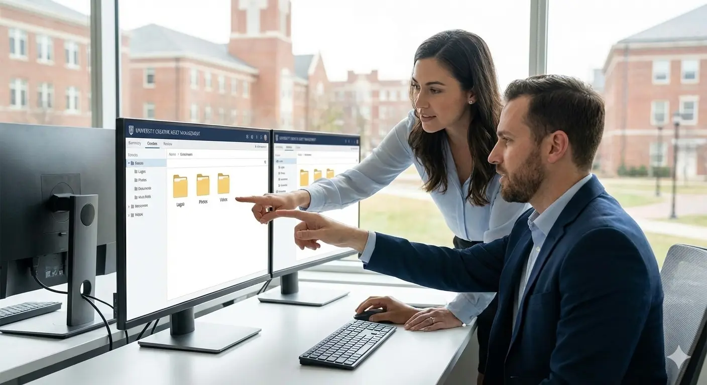 Creative director and designer reviewing approved brand assets